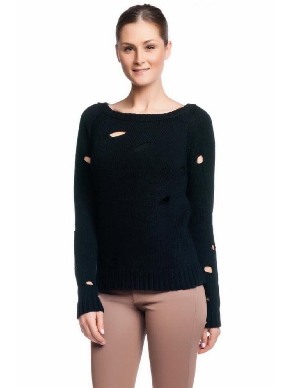 Acrobat Distressed Ragline Sweater Black Raglan Pullover Holes NWT